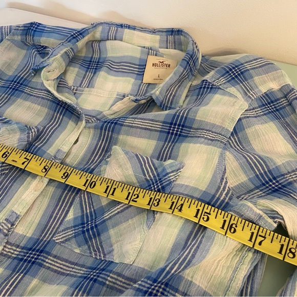 Women's Juniors Blue Plaid Beach Boho Hollister Sheer Roll Sleeve Shirt Sz Lg - Picture 6 of 7